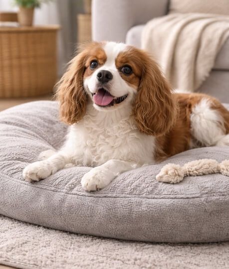 кокер куче бяло с кафяво на легло